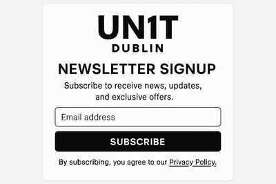 Newsletter signup for UN1T Dublin fitness studio
